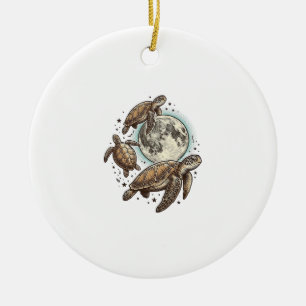 Vintage Moon Sea Turtle Engraving Shirt Design_1 Ceramic Tree Decoration
