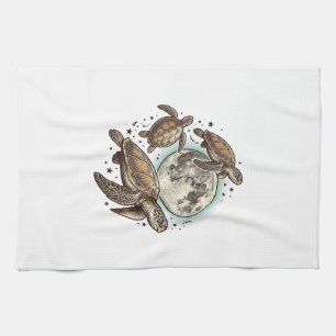 Vintage Moon Sea Turtle Engraving Shirt Design_1 Tea Towel