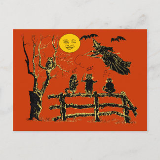 Vintage Moon Witch and Singing Cats Postcard