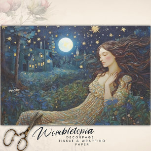 Vintage Moonlit Garden Lady Art Nouveau Decoupage Tissue Paper
