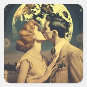 Vintage Moonlit Kiss Retro Romance Artwork Square Sticker