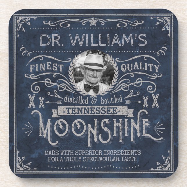 Vintage Moonshine Hillbilly Medicine Custom Blue Coaster (Front)