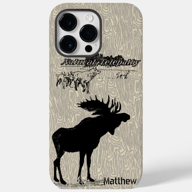 Vintage Moose and Wolf woodgrain iphone case (Back)