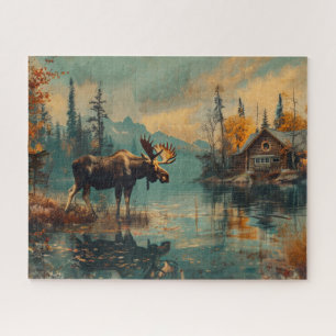 Vintage Moose Lake Cabin Autumn Foliage 16x20 Jigsaw Puzzle