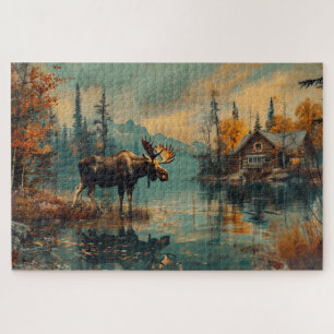 Vintage Moose Lake Cabin Autumn Foliage 20x30 Jigsaw Puzzle