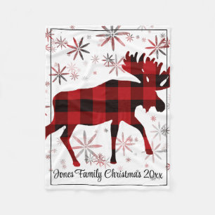 Vintage moose red plaid snowflakes fleece blanket