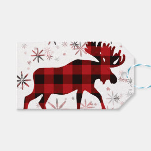 Vintage moose red plaid snowflakes gift tags