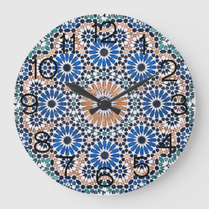 Vintage Moroccan Blue Floral Pattern Large Clock