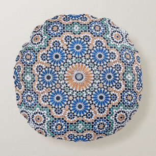 Vintage Moroccan Blue Floral Pattern Round Cushion