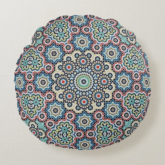 Vintage Moroccan Blue & Teal Pattern Round Cushion (Front)