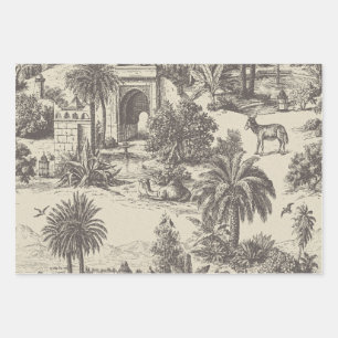 Vintage Moroccan Toile Camel Oasis Palm Tree Wrapping Paper Sheet