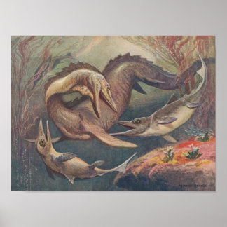 Vintage Mosasaurus vs. Ichthyosaurs Print