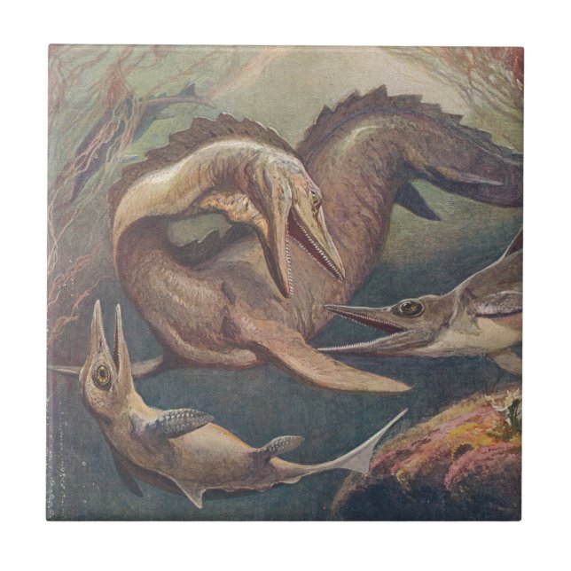 Vintage Mosasaurus vs. Ichthyosaurs Print Tile (Front)