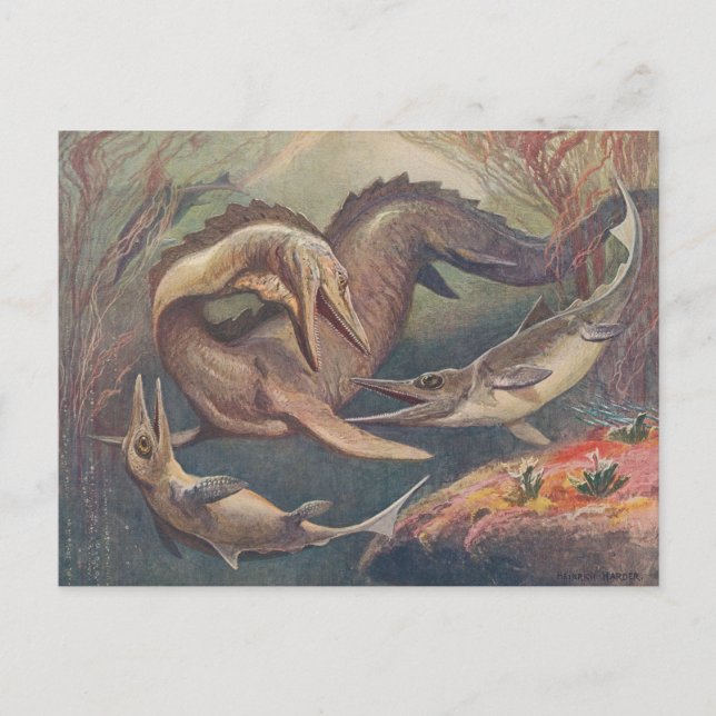 Vintage Mosasaurus vs. Ichthyosaurs Print Two-Tone Postcard (Front)