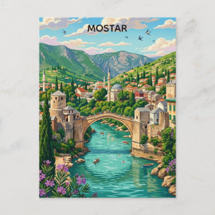 Vintage Mostar Bosnia Old Bridge Stari Balkan Postcard