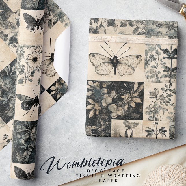 Vintage Moth & Botanical Grunge Halloween Collage Wrapping Paper (Creator Uploaded)