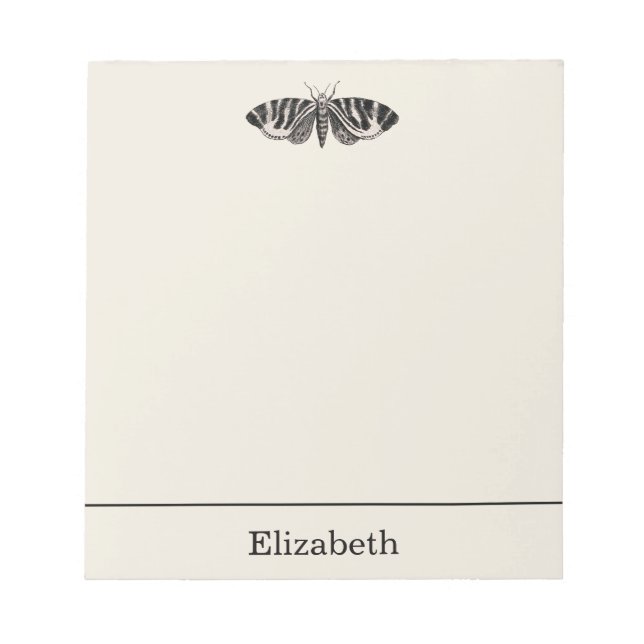 Vintage Moth Illustration Black Beige Personalised Notepad (Front)