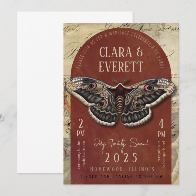 Vintage Moth Wedding Invitation with Rustic Arch (Front/Back)