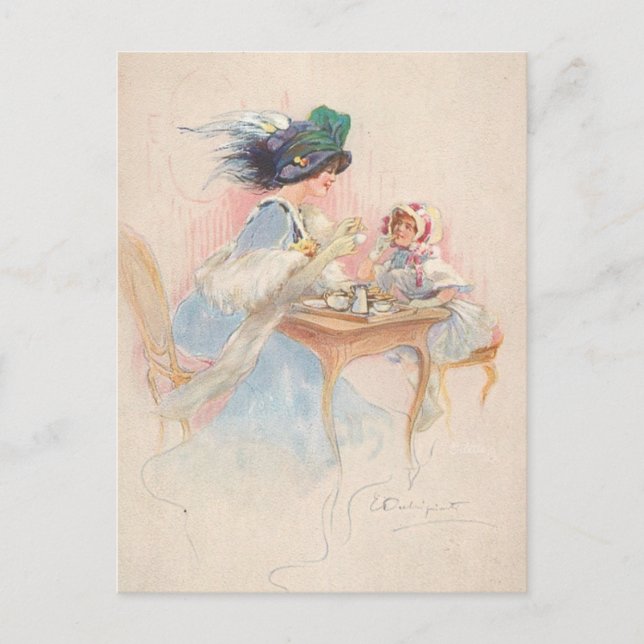 Vintage Mother and Child Having Tea Postcard (Front)