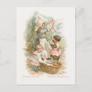 Vintage Mother and Children Hanging Laundry Holiday Postcard
