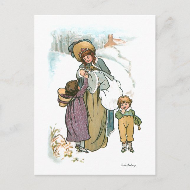 Vintage Mother and Children in Snow Holiday Postcard (Front)