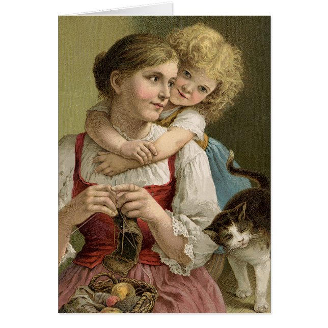 Vintage Mother, child, cat, knitting Mothers Day (Front)