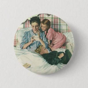 Vintage Mother Day, Children Reading Cards in Bed  6 Cm Round Badge