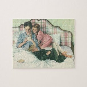 Vintage Mother Day, Children Reading Cards in Bed Jigsaw Puzzle