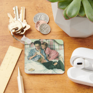 Vintage Mother Day, Children Reading Cards in Bed  Key Ring