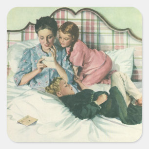 Vintage Mother Day, Children Reading Cards in Bed  Square Sticker