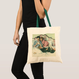 Vintage Mother Day, Children Reading Cards in Bed Tote Bag
