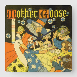 Vintage Mother Goose Reading Books to Children Square Wall Clock