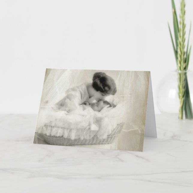 Vintage Mother Kissing Baby in Bassinet Card (Front)