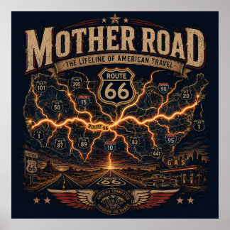 Vintage Mother Road Route 66 Map Americana Travel Poster