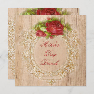 Vintage Mother's Day Brunch Red Rose Wooden Frame Invitation