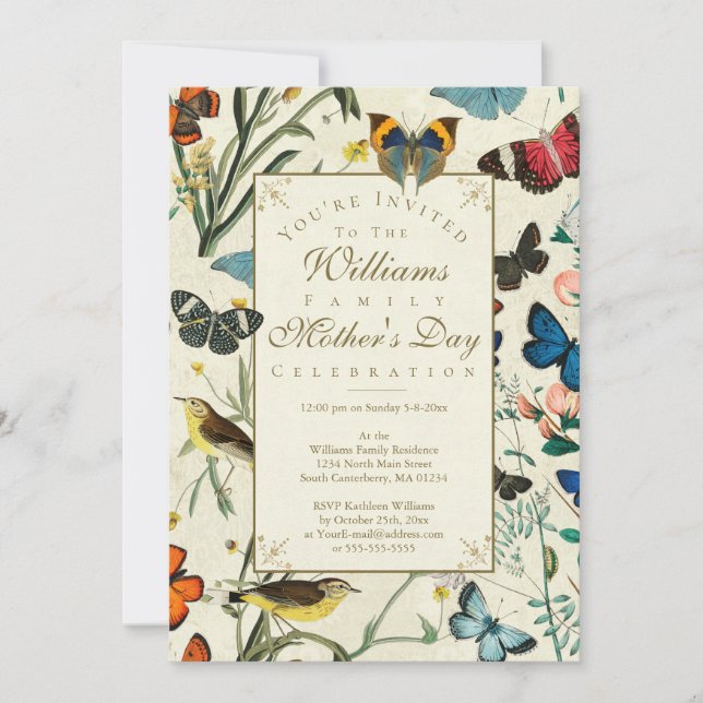 Vintage Mother's Day Butterflies Birds Invitation (Front)