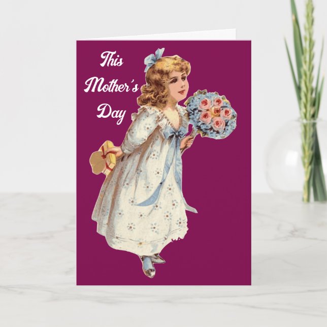 Vintage Mother's Day Girl With Gifts Greeting Card (Front)