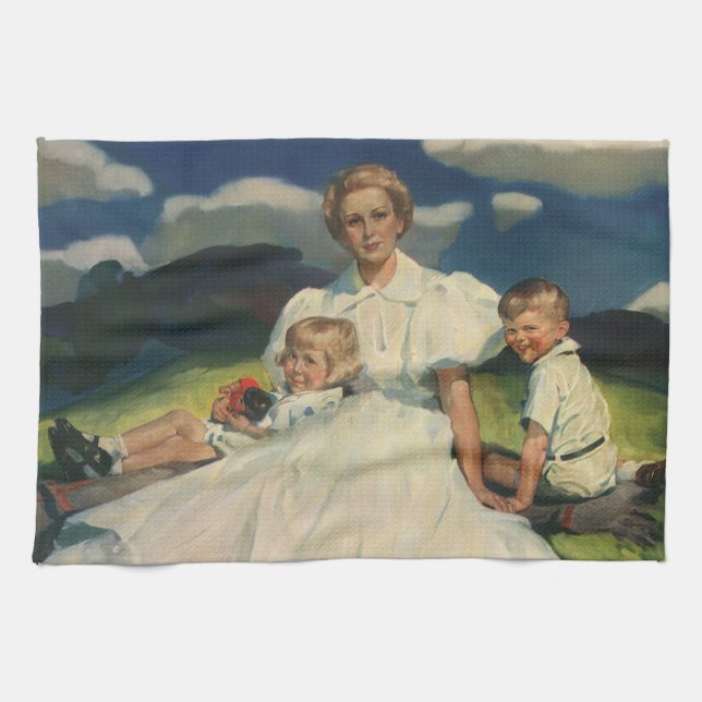 Vintage Mother's Day, Mum with Children Tea Towel (Horizontal)