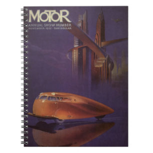 Vintage Motor Magazine Cover, Futuristic City Car Notebook