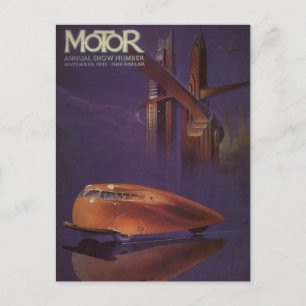 Vintage Motor Magazine Cover, Futuristic City Car Postcard