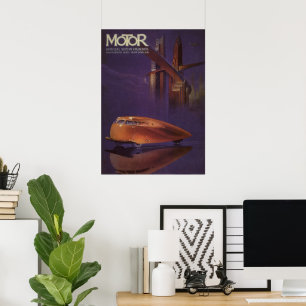 Vintage Motor Magazine Cover, Futuristic City Car Poster