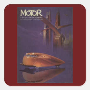 Vintage Motor Magazine Cover, Futuristic City Car Square Sticker