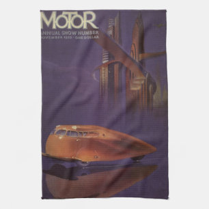 Vintage Motor Magazine Cover, Futuristic City Car Tea Towel
