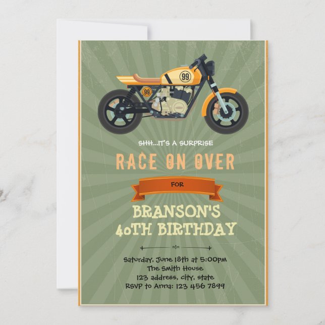 Vintage motorbike adult birthday invitation (Front)