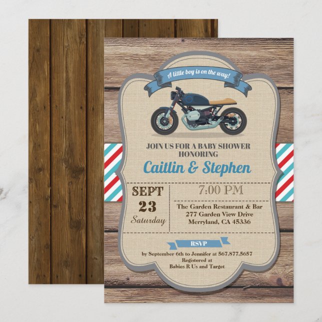 Vintage motorbike baby shower invitation. Bike Invitation (Front/Back)