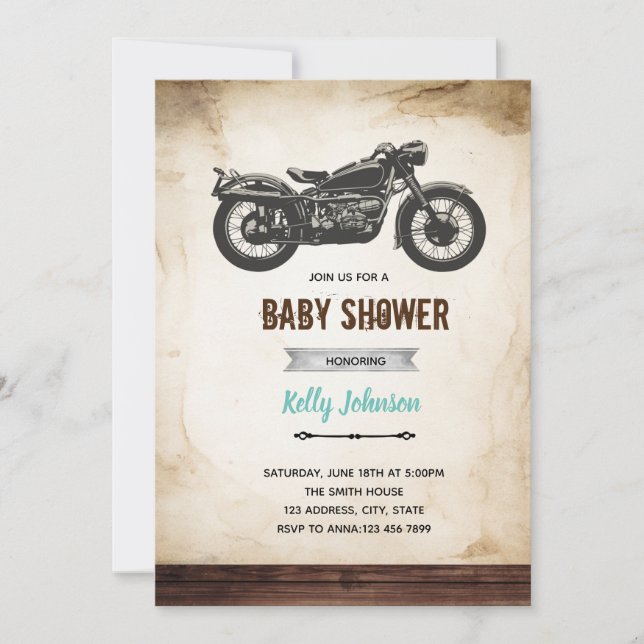 Vintage motorbike shower birthday invitation (Front)