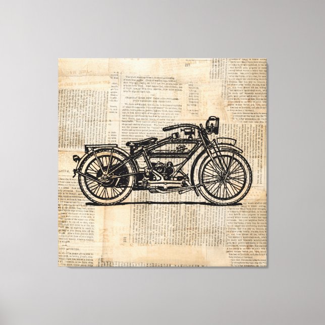 Vintage Motorcycle Art Newspaper Text Style Canvas Print (Front)