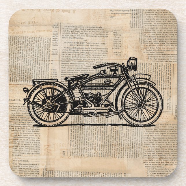 Vintage Motorcycle Art Newspaper Text Style Coaster (Front)