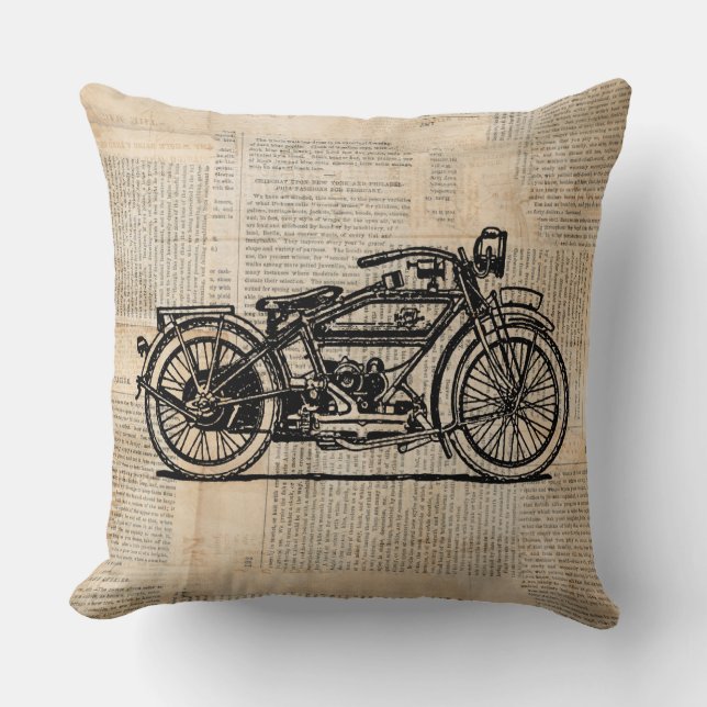 Vintage Motorcycle Art Newspaper Text Style Cushion (Front)