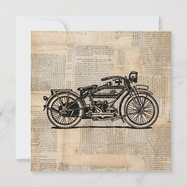 Vintage Motorcycle Art Newspaper Text Style Invitation (Front)